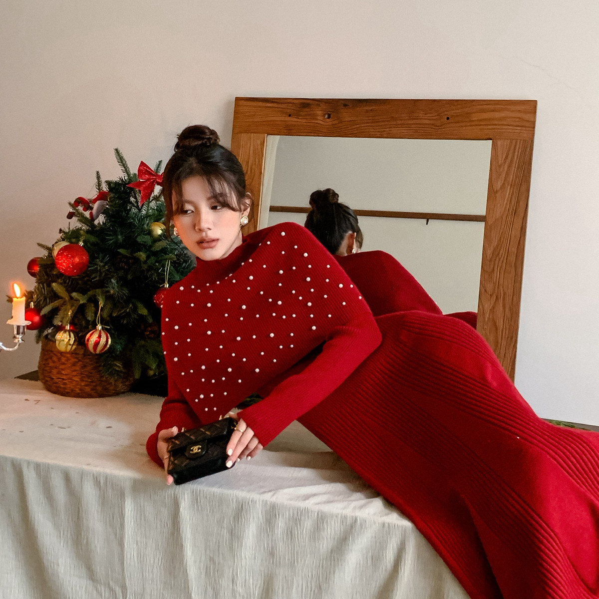 U+MINI-跨年战袍法式氛围气质显瘦修身连衣裙(配披肩)F7218