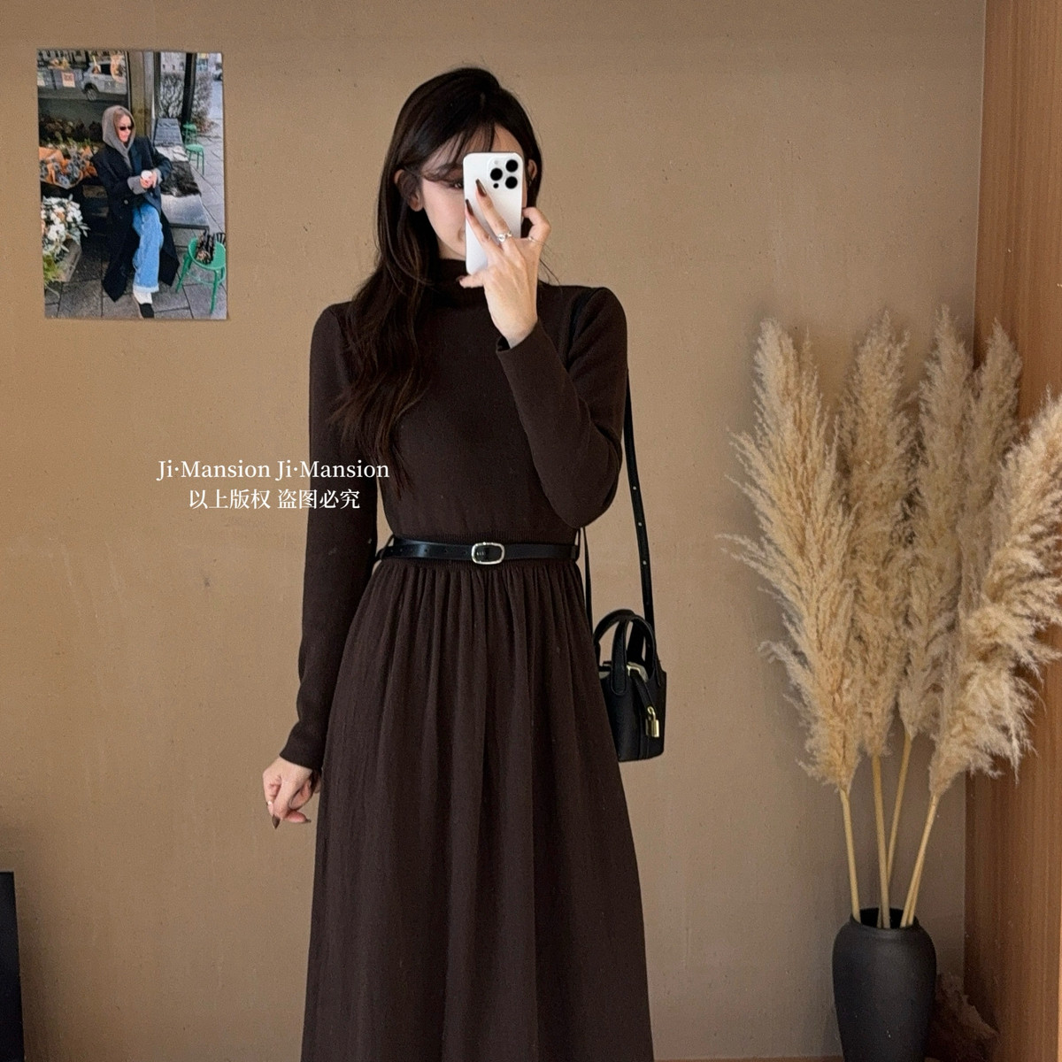 JI.MANSION-法式简约高领修身长款针织连衣裙(配腰带)YS1-858