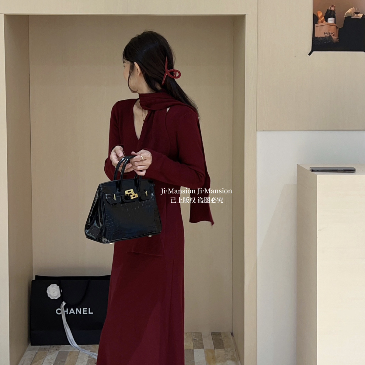 JI.MANSION-冬上新法式优雅V领修身长款连衣裙(配围巾)YS2-855