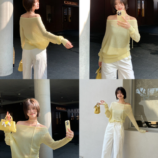 配腰绳 系温柔一字肩斜肩两穿宽松气质针织衫 JC9902 GODDESS