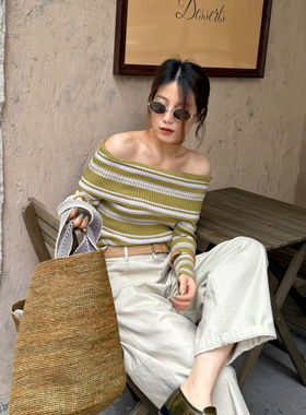 MADEIN OST-6年早春英伦撞色条纹多穿一字肩针织衫（含6羊毛）S89