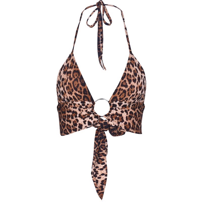 豹纹系带露背挂脖吊带欧美热舞服