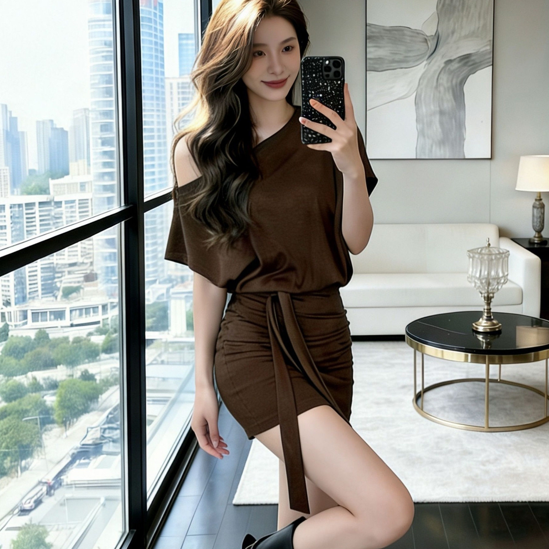 2026年咖色性感风小众设计斜肩连衣裙蝙蝠袖褶皱女夏显瘦包臀短裙
