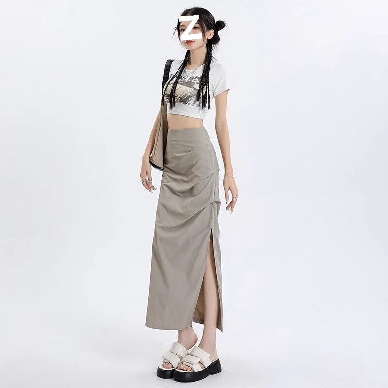 侧边拉链】辣妹褶皱开叉工装裙夏半身裙