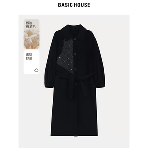 Basic House/百家好女高级感双面绒外套洋气长款拼接腰带羊绒大衣