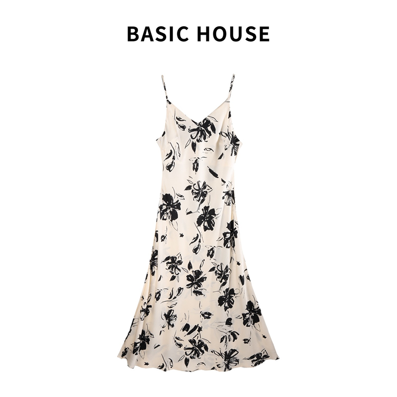 Basic House/百家好水女士时尚水墨画印花连衣裙甜美性感吊带裙