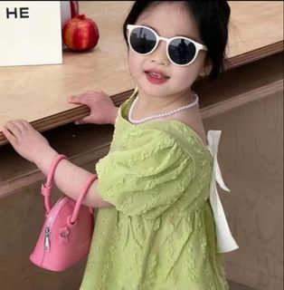 女童宝宝两件套公主泡泡袖微喇弹力裤韩版洋气套装露背蝴蝶结设计
