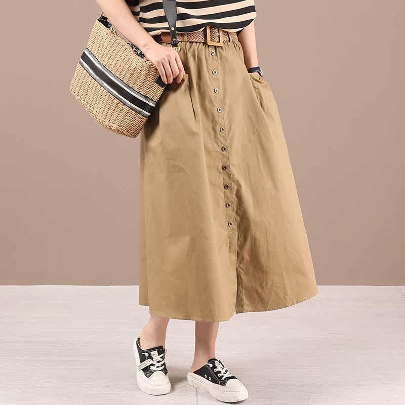 水洗棉质半身裙女夏季新款高腰a字裙百搭显瘦开叉伞裙ins中长款裙