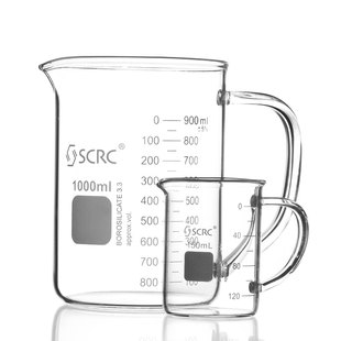 SCRC带把手玻璃烧杯刻度高温透明量杯100/250/500/1000ml无柄厚壁