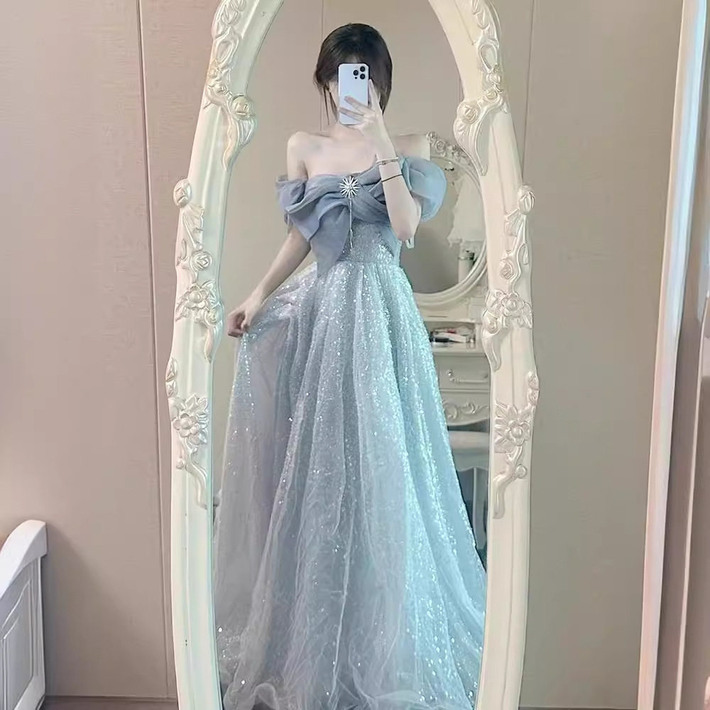 一字肩晚礼服女宴会气质轻奢小众轻奢主持人艺考成人礼蓬蓬裙礼服