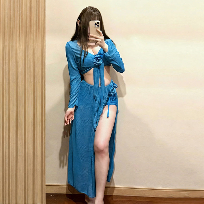 大码泳衣女款比基尼四件套长袖长裤纯色性感微胖女孩温泉度假泳衣