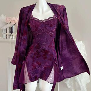 植绒性感吊带睡裙高级感御姐显瘦带胸垫睡衣女纯欲两件套装 可外穿