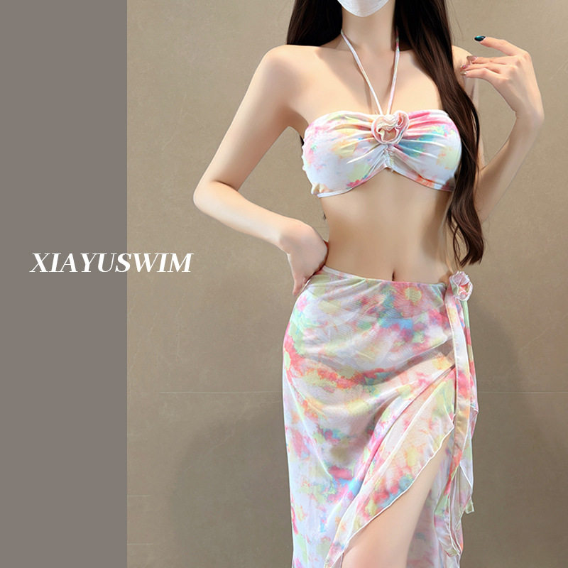 泳衣女款分体三件套比基尼长裙性感仙女碎花纯欲甜美游泳衣泡温泉