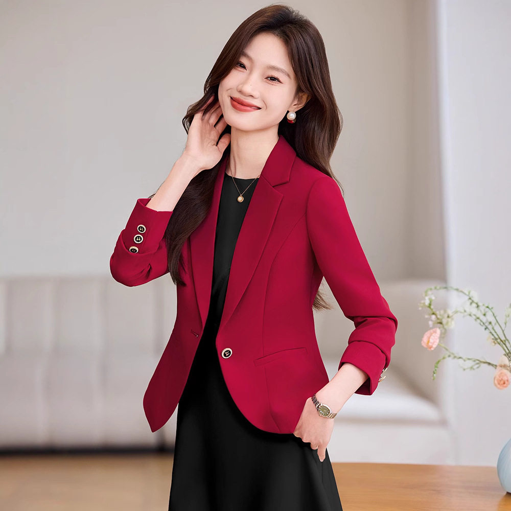 德国进口红色西装外套女春秋2025新款高级感小个子修身通勤西服连