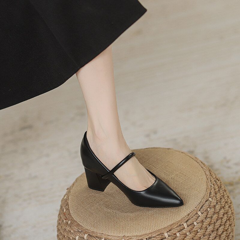 德国进口法式晚风单鞋中跟软皮软底黑色棕色配裙子粗跟尖头小香风