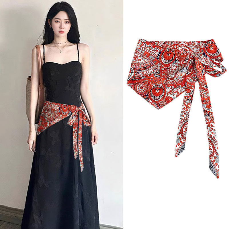 红色腰果花春夏半身裙女士印花裙帘腰巾叠穿短裙三角屁帘2025新款