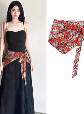 红色腰果花春夏半身裙女士印花裙帘腰巾叠穿短裙三角屁帘2025新款