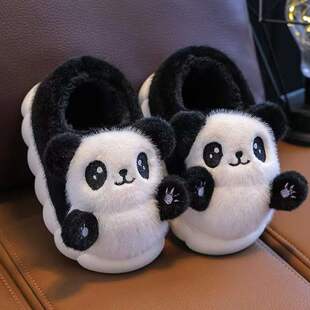 可爱熊猫儿童棉拖鞋秋冬季新款男孩毛绒厚底防滑女可外穿亲子拖鞋