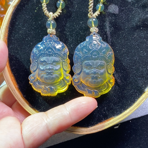 蓝珀黄财神一对