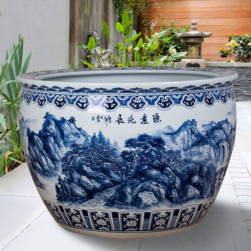 陶瓷鱼缸手绘青花客厅睡莲荷花锦鲤缸室外庭院阳台老式种树缸大型图片