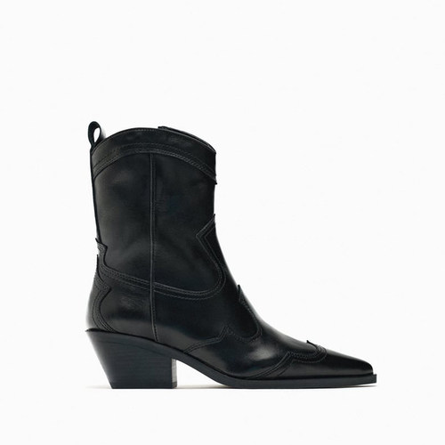 ZA高跟刺绣尖头牛仔靴女