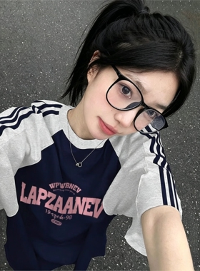 插肩三条杠纯棉短袖t恤男女情侣夏季新款初高中大学生穿复古宽松