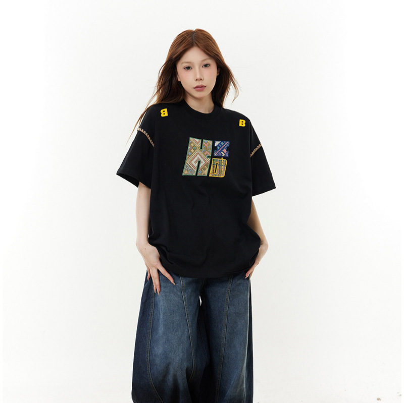 欧美潮牌ins刺绣印花短袖t恤男女设计感夏季宽松休闲百搭情侣上衣