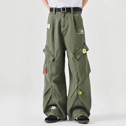 NTBF美式复古刺绣工装牛仔裤创意字母水洗长裤男女宽松慵懒阔腿裤