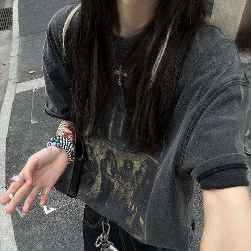 齐柏林复古水洗做旧印花短袖T恤