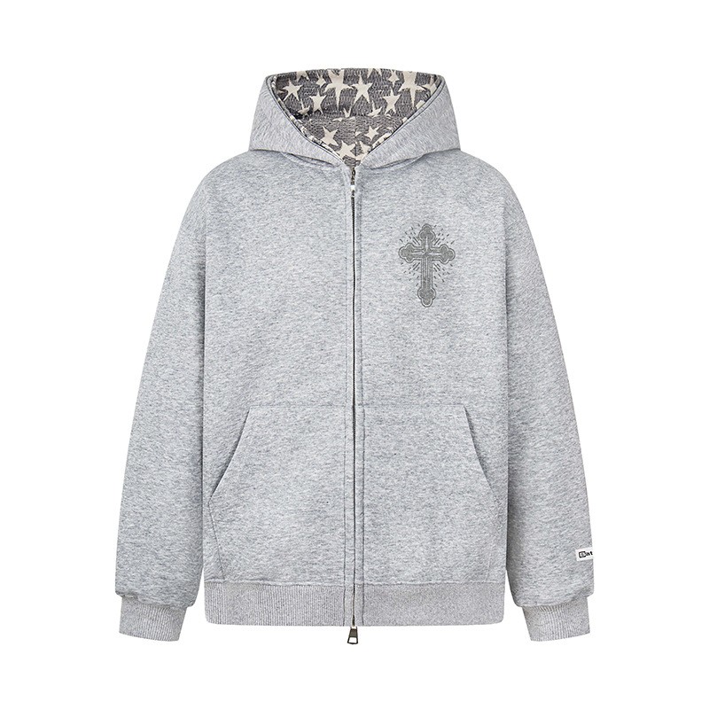 NTBF烫钻十字架五角星双头拉链卫衣男女宽松潮牌假两件开衫外套