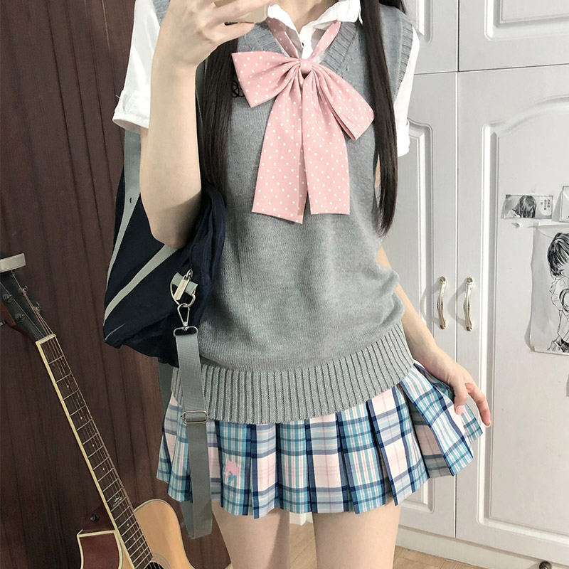 【织梦】洛小奈JK原创粉色刺绣款短裙学院风JK格裙制服半身裙