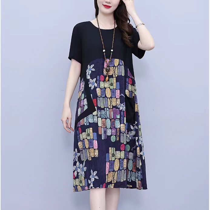 반팔 여성 라운드 넥 지방 MM 배꼽 덮는 드레스 여름 드레스 2024 새로운 플러스 사이즈 여성 드레스 슬리밍 지방 자매 스커트