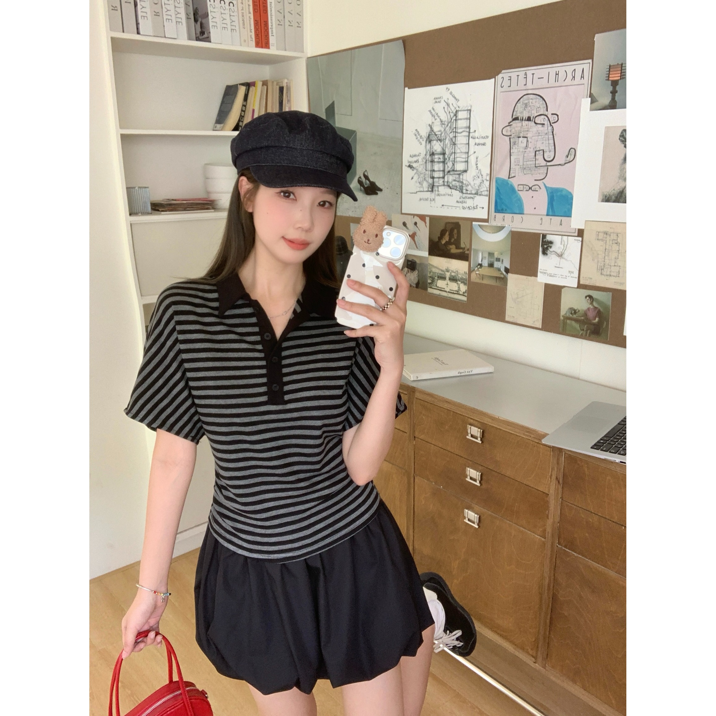 大码胖mm甜辣妹正肩POLO领显瘦上衣女夏季新款修身翻领百搭上衣潮