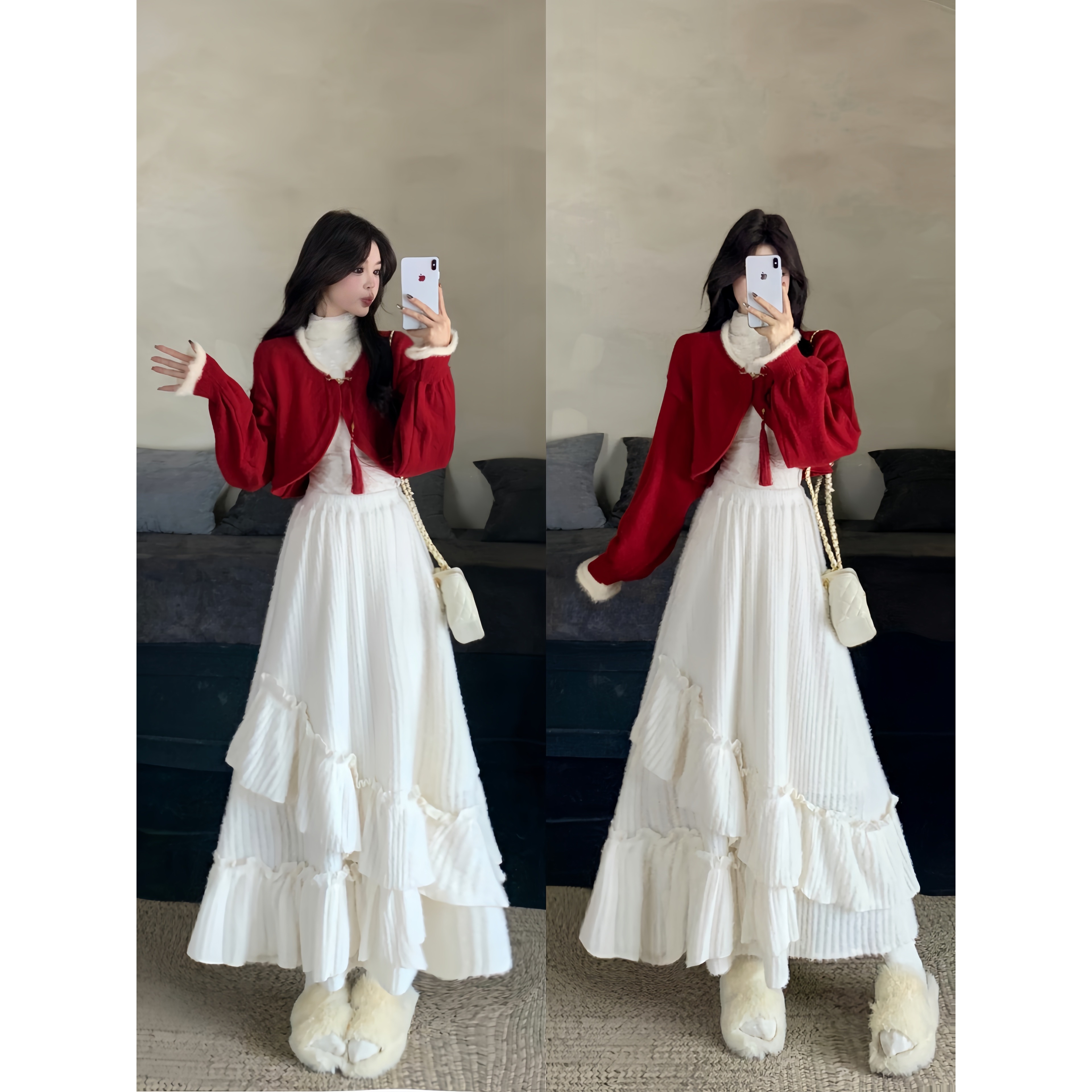 大码胖mm喜庆圣诞过年穿红色百搭外套+不规则荷叶边半身裙两件套