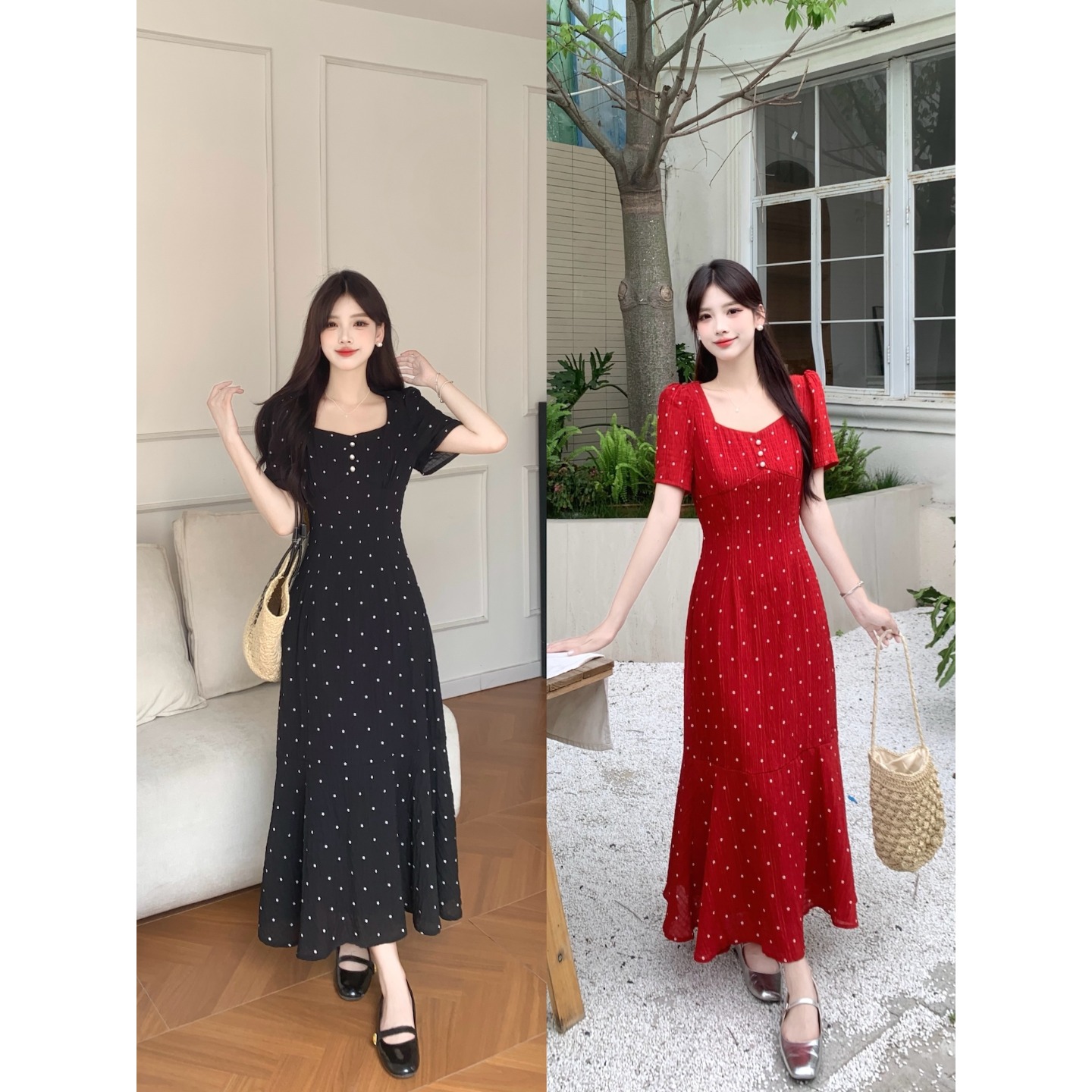 大码胖mm今年超流行波点连衣裙女夏季新款收腰遮肚巨显瘦鱼尾长裙