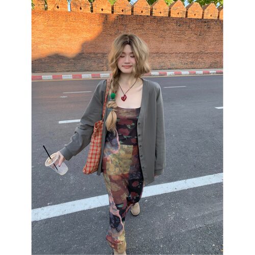 胖mm复古晕染印花吊带连衣裙女夏季新款修身显瘦辣妹气质包臀长裙