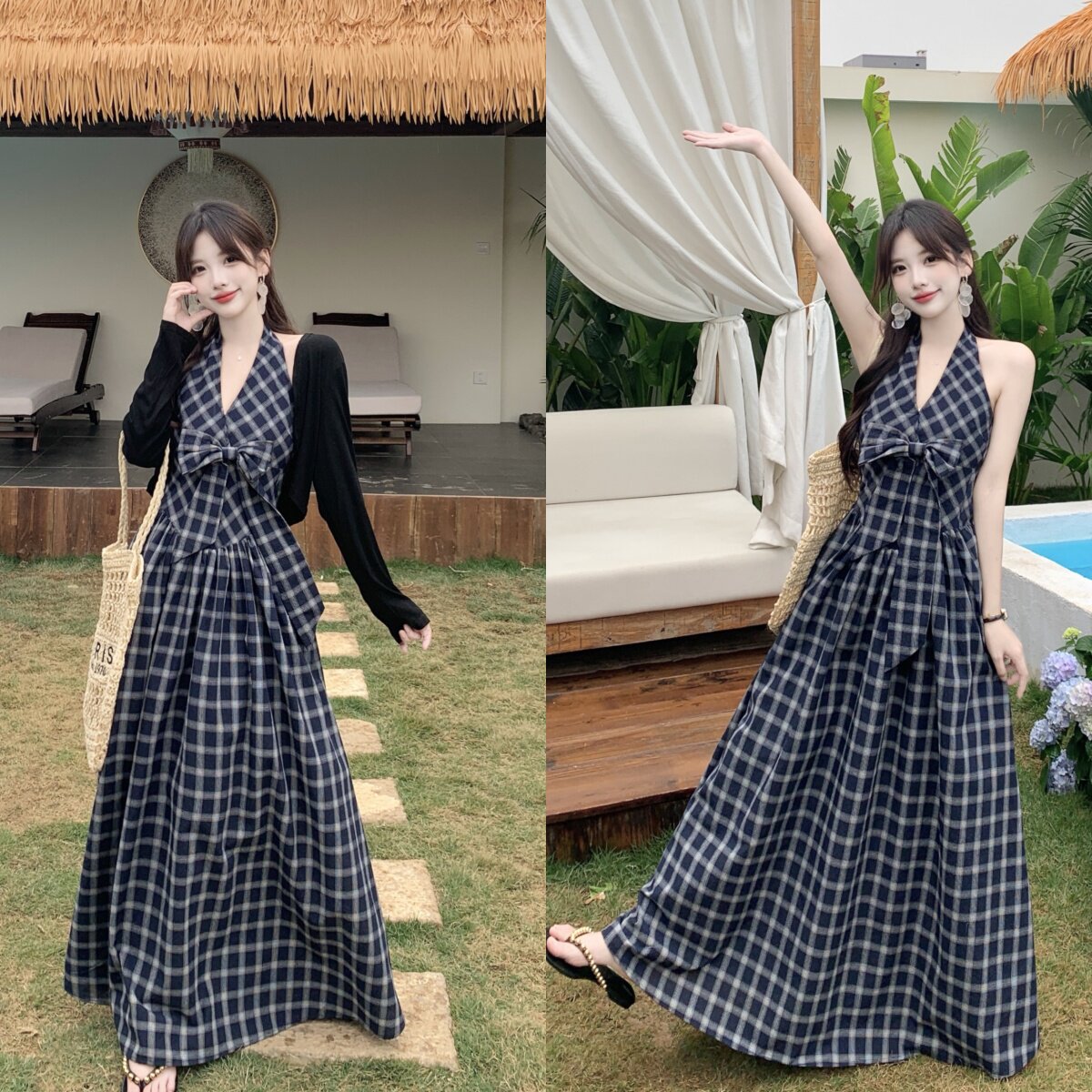大码胖mm时尚复古格纹蝴蝶结V领挂脖连衣裙女独特绝美显瘦掐腰裙
