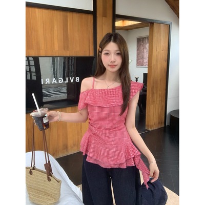大码胖mm韩系独特荷叶边露肩格子衬衫女夏季别致褶皱收腰显瘦上衣