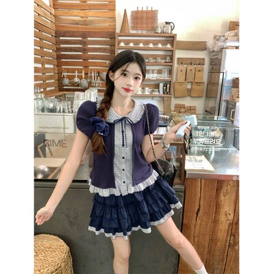 胖mm韩系假两件miu系格子短袖衬衫女夏季新款高腰半身裙显瘦套装