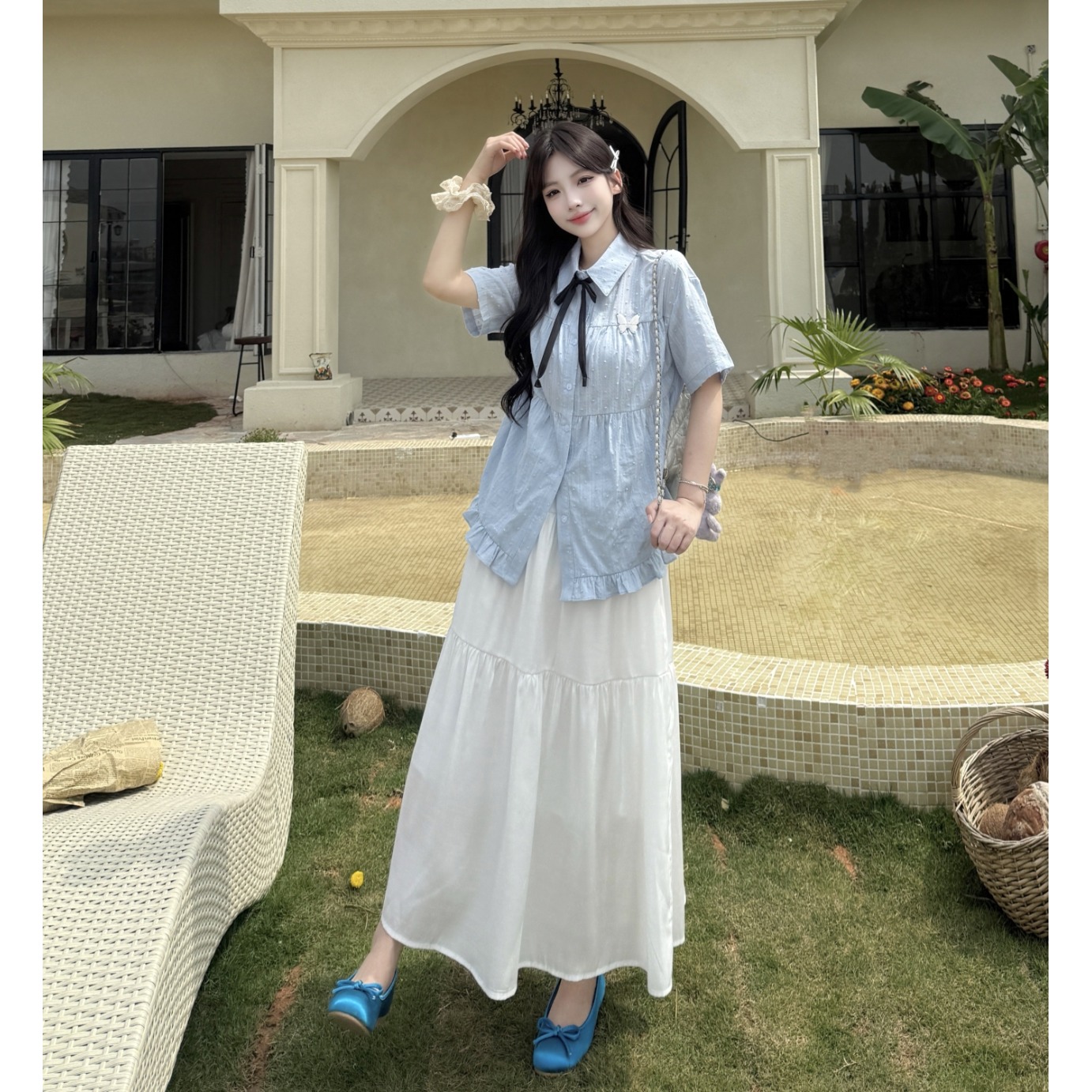 大码胖mm校园风高级感褶皱百搭上衣女夏季新款高腰半身裙显瘦套装
