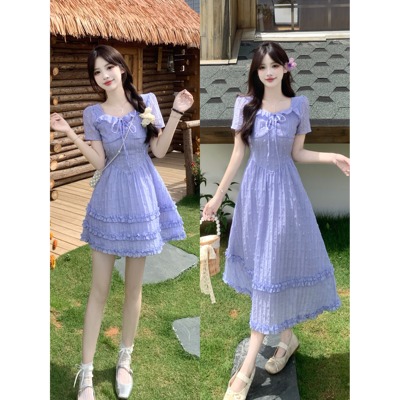 胖mm法式气质绣花蝴蝶结方领连衣裙女夏季新款收腰显瘦甜美公主裙