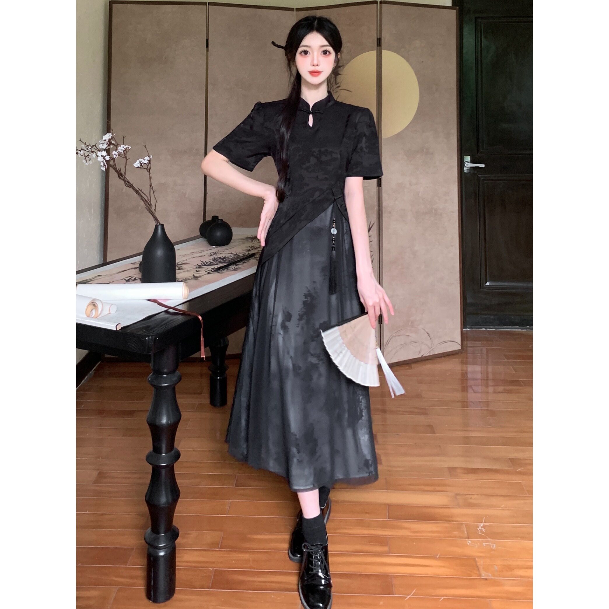大码胖mm新中式国风改良旗袍连衣裙女高级感水墨画盘扣假两件长裙