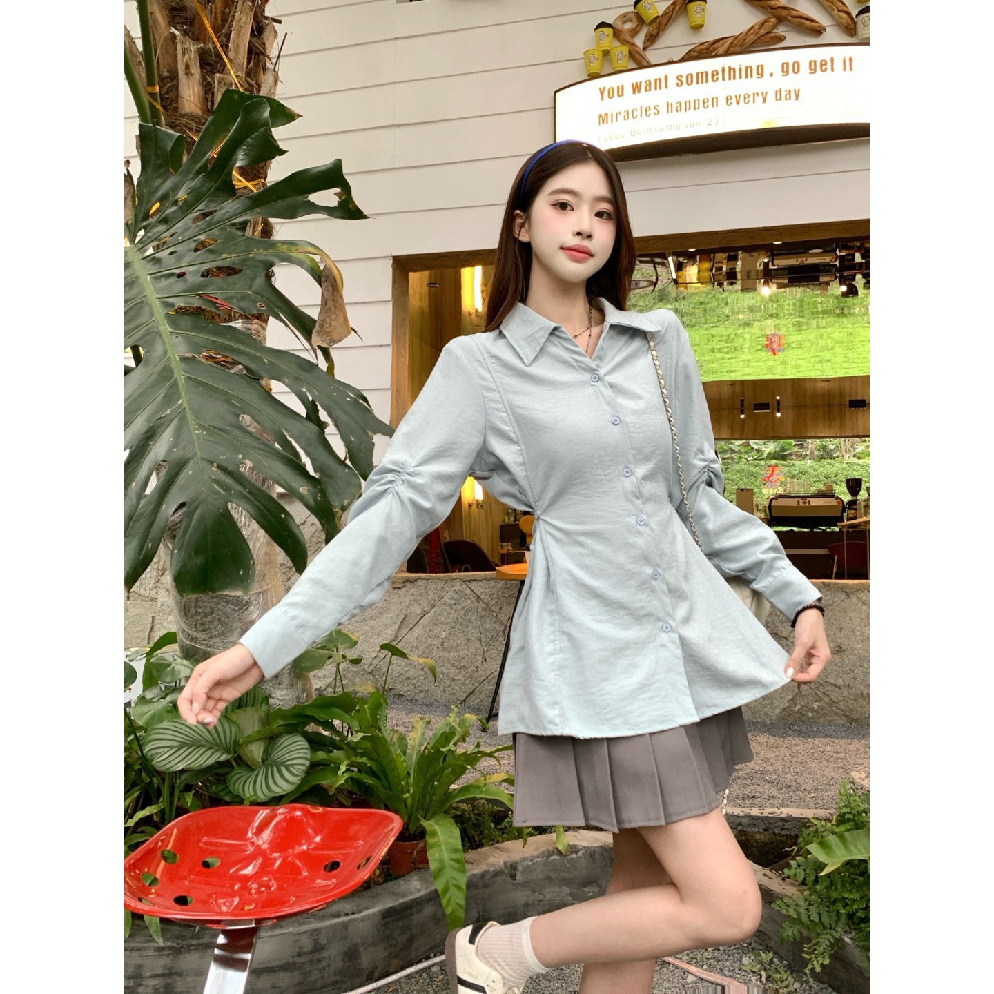 大码胖mm韩系穿搭POLO领长袖衬衫女春新款收腰显瘦中长款排扣上衣