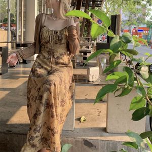 大码胖mm法式复古水墨印花吊带连衣裙女夏新款气质淑女超显瘦长裙