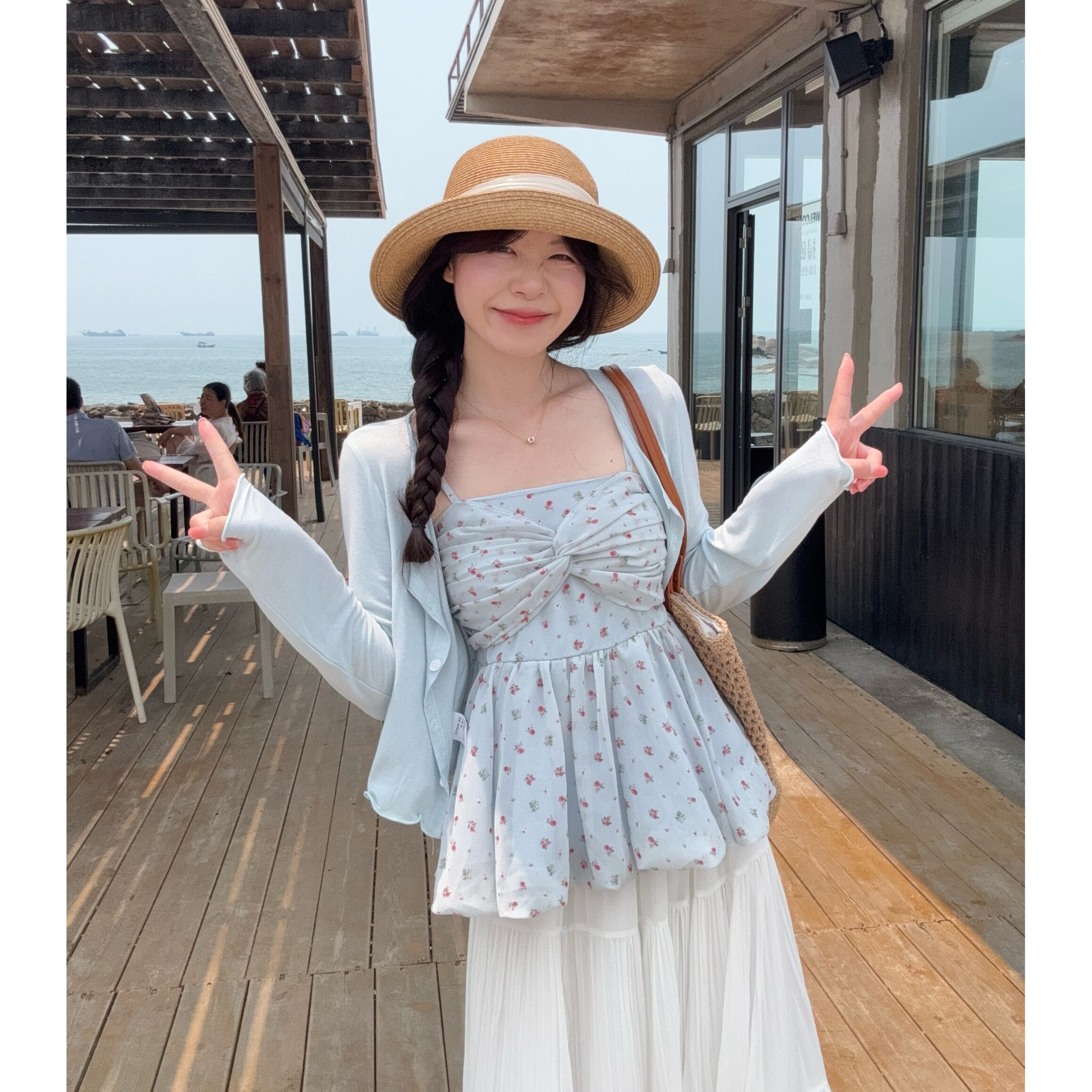 大码胖mm甜美风碎花雪纺遮肚吊带上衣开衫女高腰百褶裙一套装穿搭