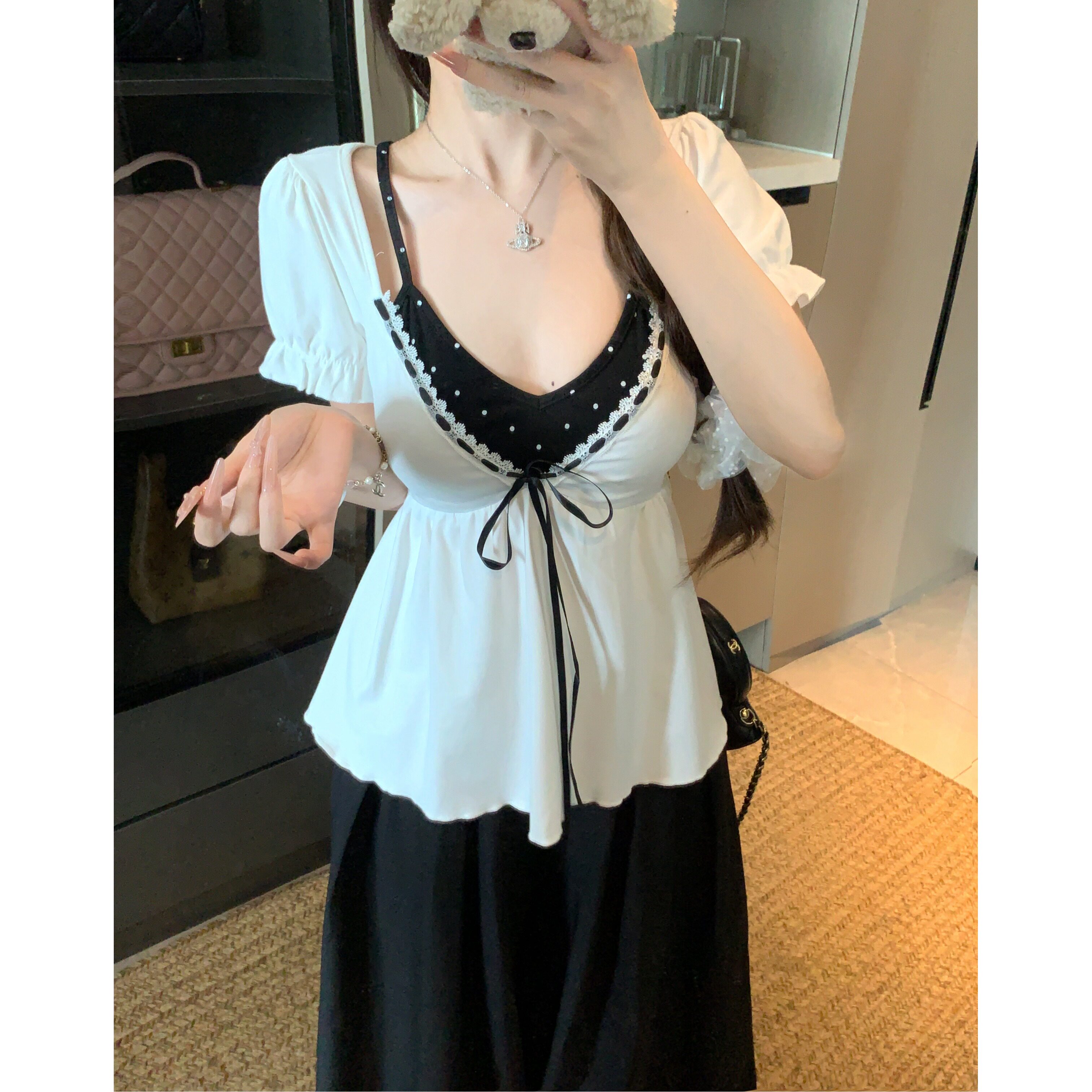大码胖mm甜美风假两件V领泡泡袖衬衫女显瘦蝴蝶结系带绝美上衣潮