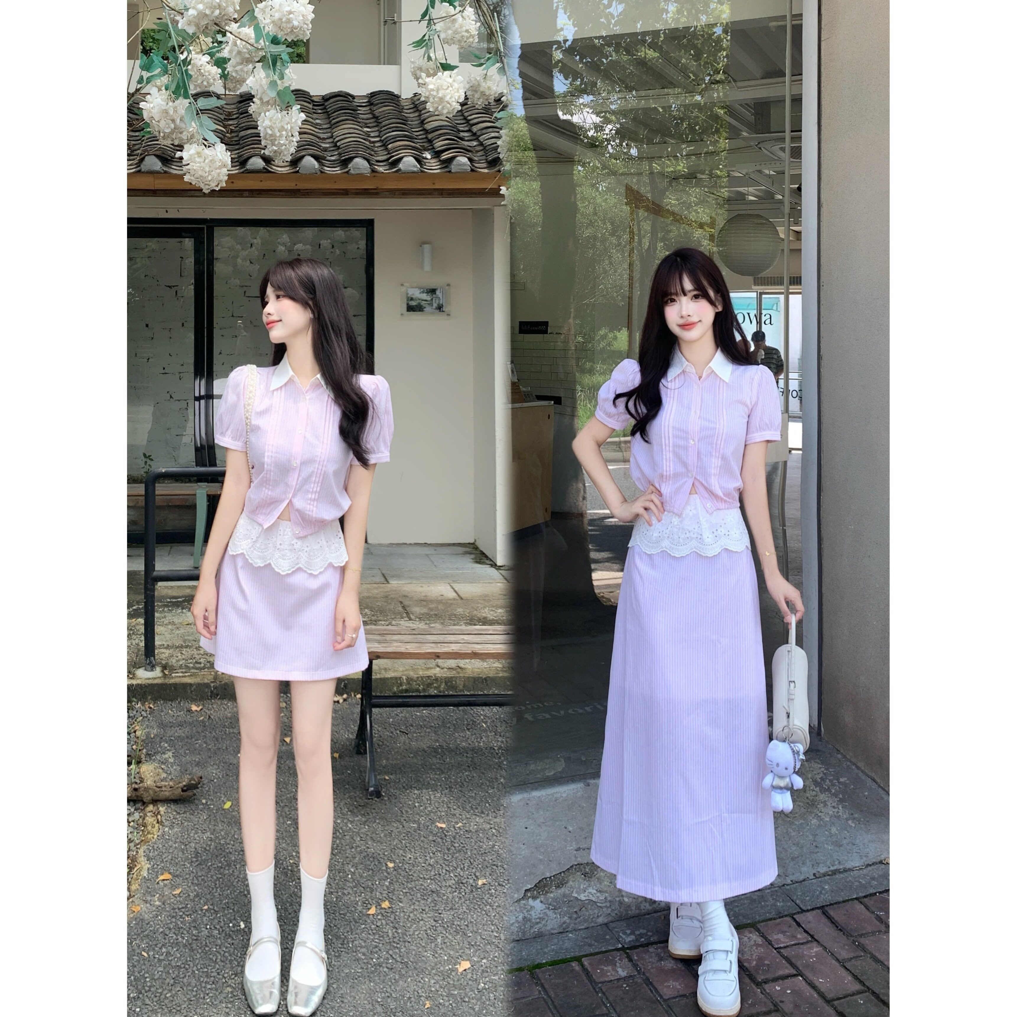 大码韩系显瘦短袖衬衫条纹套装