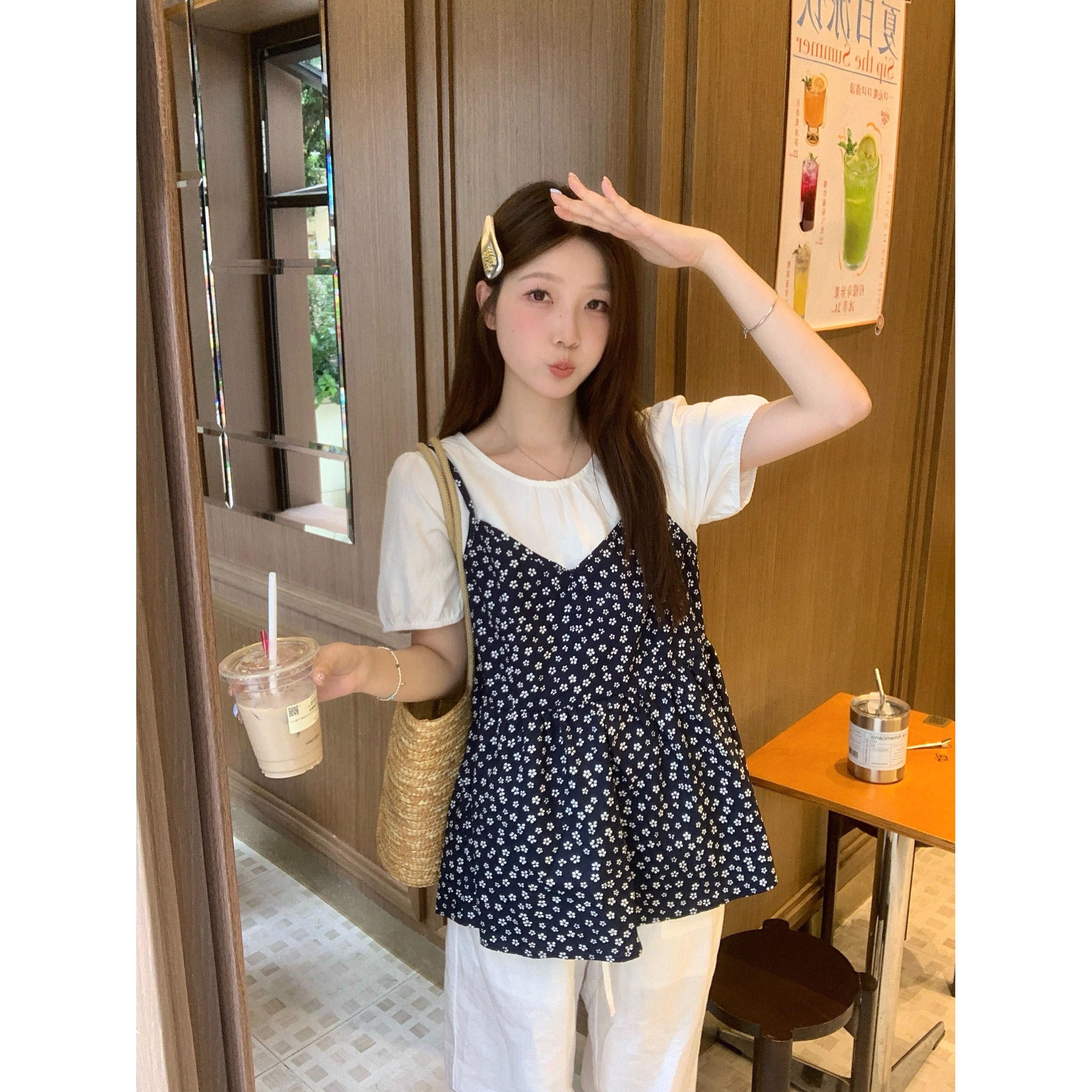 大码胖mm韩系碎花吊带叠穿上衣女夏季新款假两件遮肉显瘦百搭衬衫