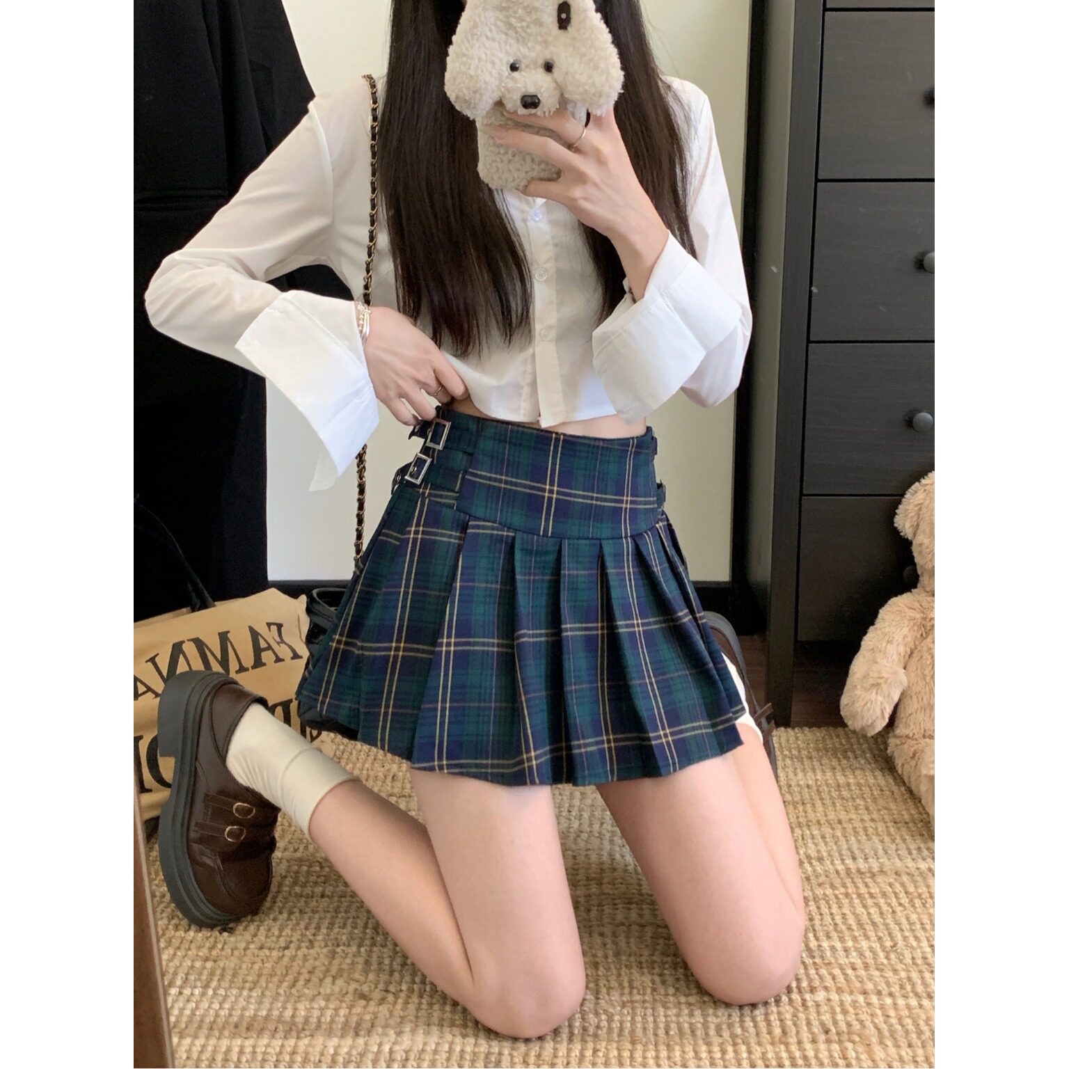 新势力时尚女装 美式复古格子百褶裙女高腰显瘦学院风包臀半身裙