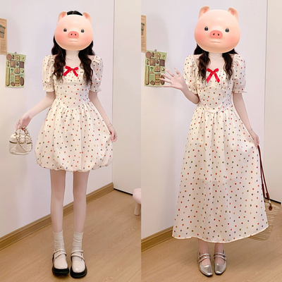 大码胖mm多巴胺彩色波点蝴蝶结连衣裙女夏新款甜美少女显瘦蓬蓬裙